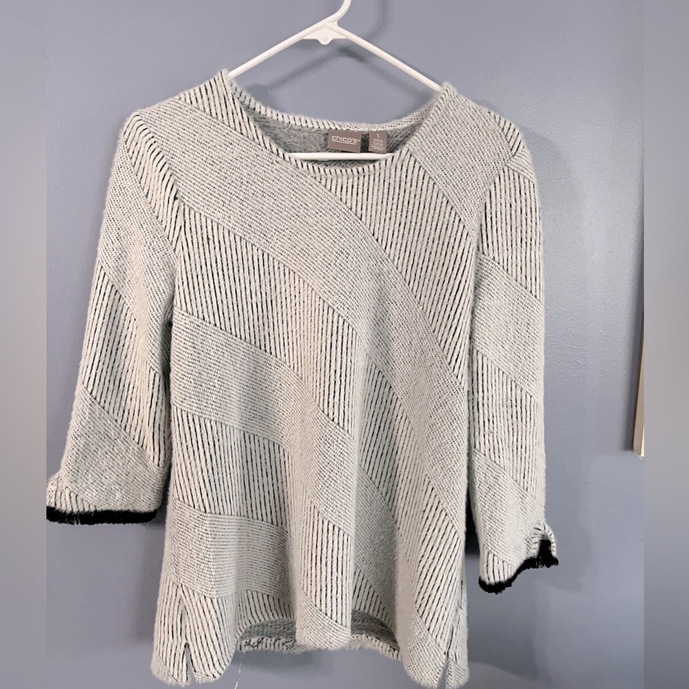 Chico’s Medium Fuzzy Textured White Black Stripe Sweater